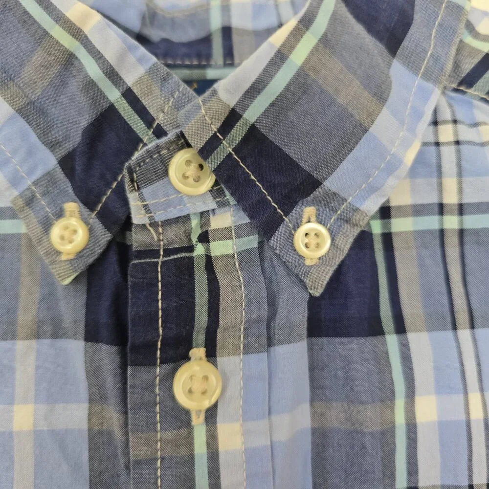 Ralph Lauren Boy's Long Sleeve Button Up Shirt Blue Plaid Poly Logo Size 8 Small